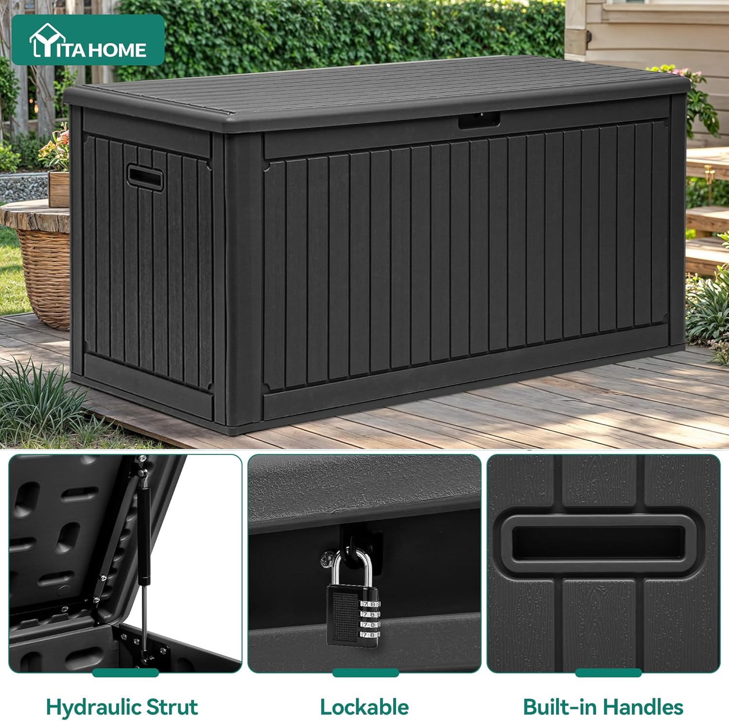 YITAHOME 260 Gallon Double-Wall Deck Box with Divider & Side Handles, Outdoor Large Storage for Patio Furniture Cushions, Garden Pool Accessories, Water Resistant & Lockable