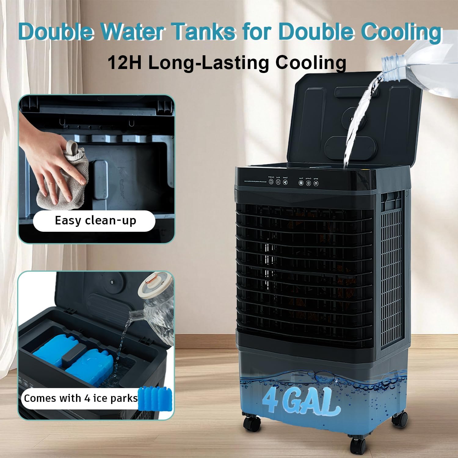 1800 CFM Swamp Cooler Portable Air Conditioners, 31” Evaporative Air Cooler with 4 Gallon Water Tank, 4 Ice Packs, 120°Oscillation Cooling Fan 2 Modes & 3 Speeds, 12H Timer for Home Outdoor Office