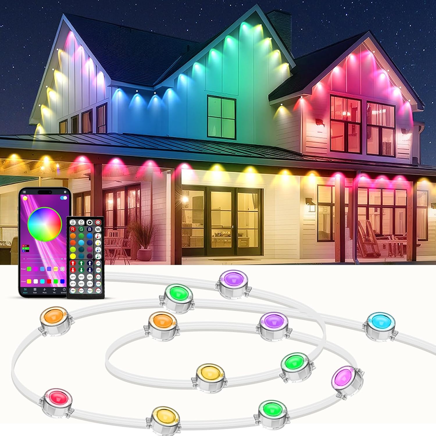 IVRICH 200FT Permanent Outdoor Lights, Smart RGB Eave Light with Color Changing, APP/Remote Control, IP67 Waterproof, Music Sync, Timer Function, for Christmas, Party, Holiday Decor