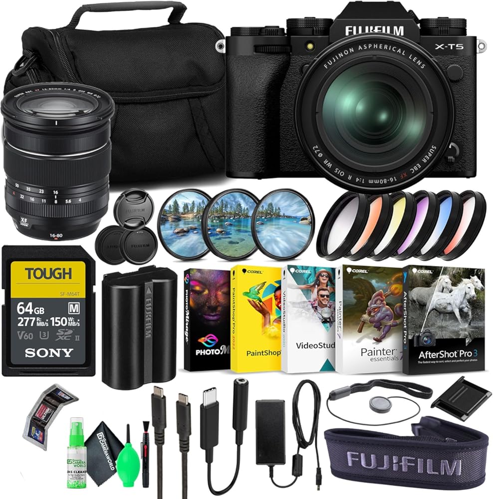 Fujifilm X-T5 Mirrorless Digital Camera with 16-80mm Lens (Black, 16782636) Bundle with 64GB SF-M UHS-II Memory Card + Corel Editing Software + Graduated Color Filters + Large Camera Bag + More