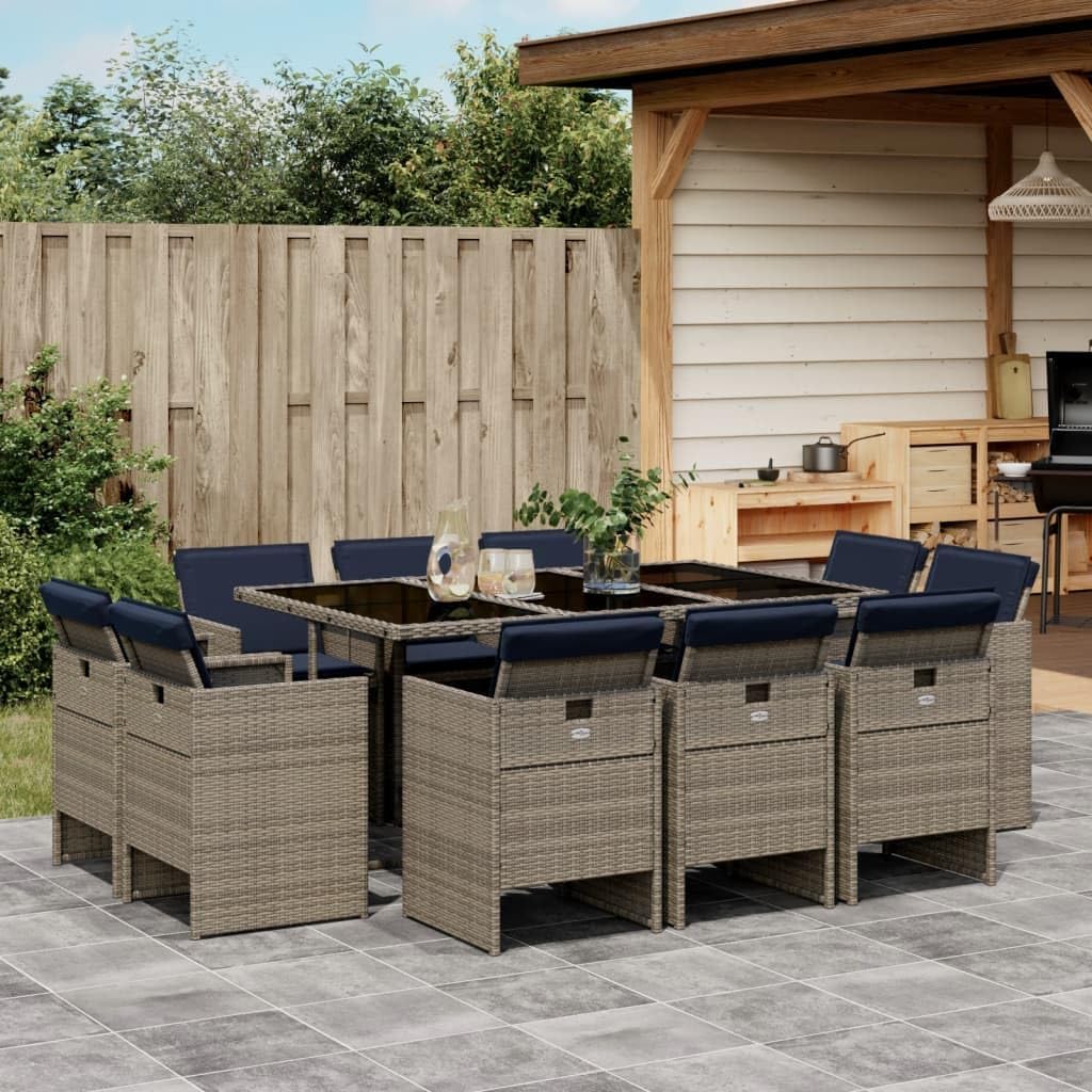 11 Piece Patio Dining Set with Cushions Gray Poly Rattan,6Piece Outdoor Patio Dining Set with Foldable Chairs and Cushions Gray and Black Patio Furniture Sets, Outdoor Furniture Sets