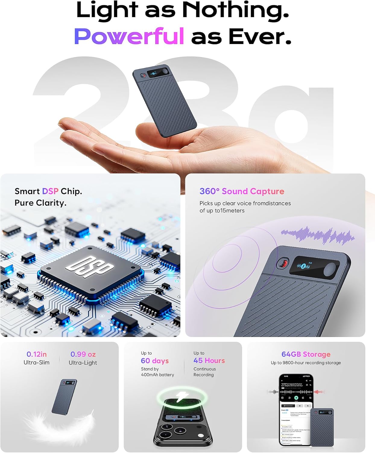 AI Voice Recorder, 64GB Note Taking Device w/Magnetic Case, App Control, AI Technology Transcribe & Summarize Free, 121 Languages, 45H Battery, Audio Recorder for Lectures Meetings Calls