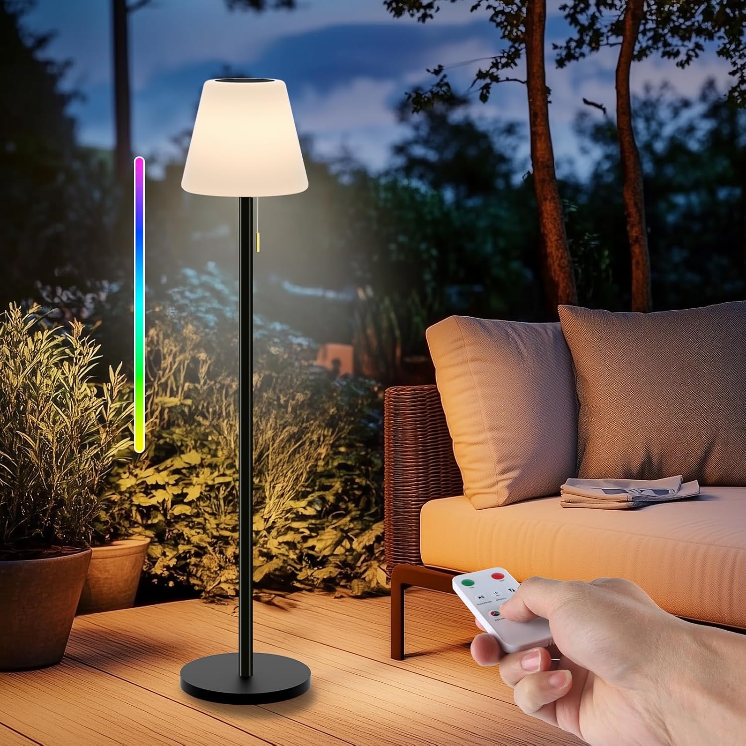 Outdoor Floor Lamp Solar Outdoor Lamps for Patio Waterproof Rechargeable Floor Lamp Cordless Dimmable Warm White+RGB LED Solar floor lamps Outdoor Battery Operated Patio Lamp with Light Sensor.
