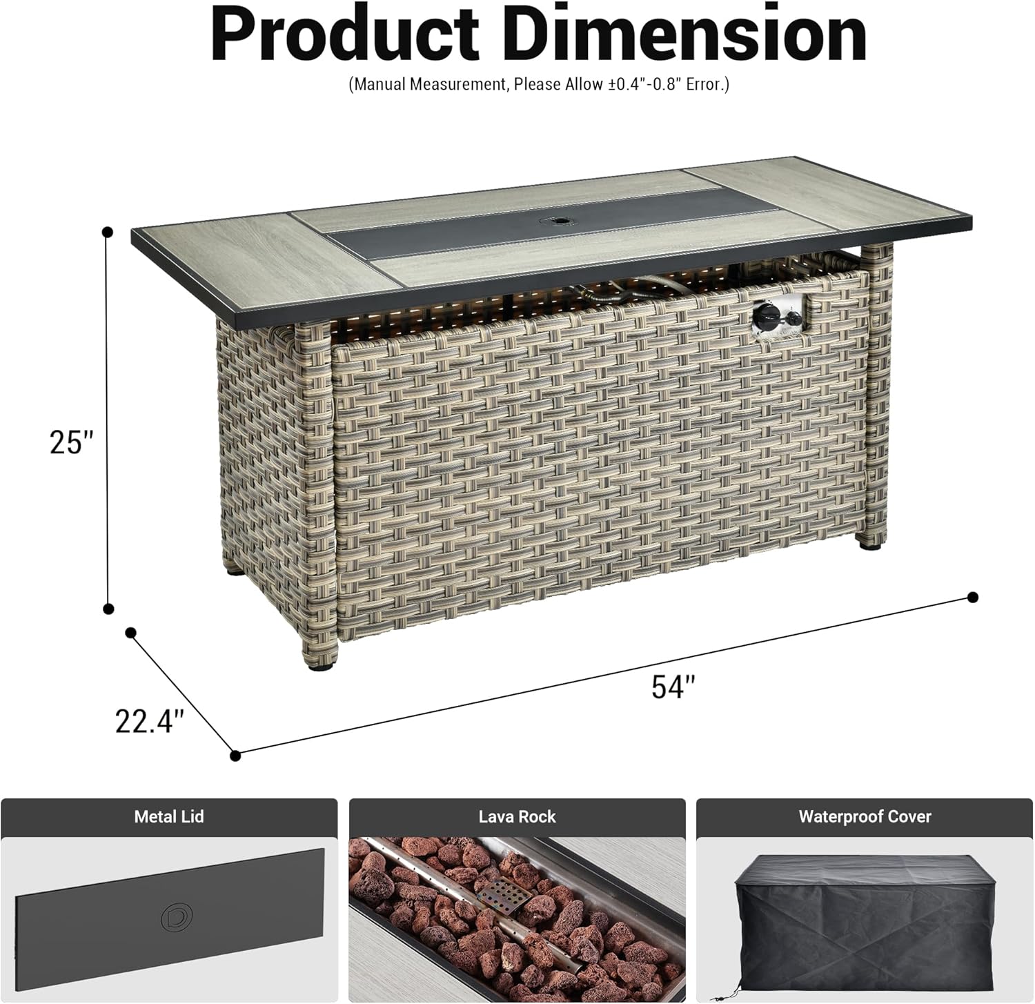 OVIOS 54 Inch Outdoor Patio Fire Pit Table, 50,000 BTU Heater PE Rattan Propane Firepits with Ceramic Tabletop, Waterproof Cover, Lid and Lava Rock, Rectangular, Mixed Color