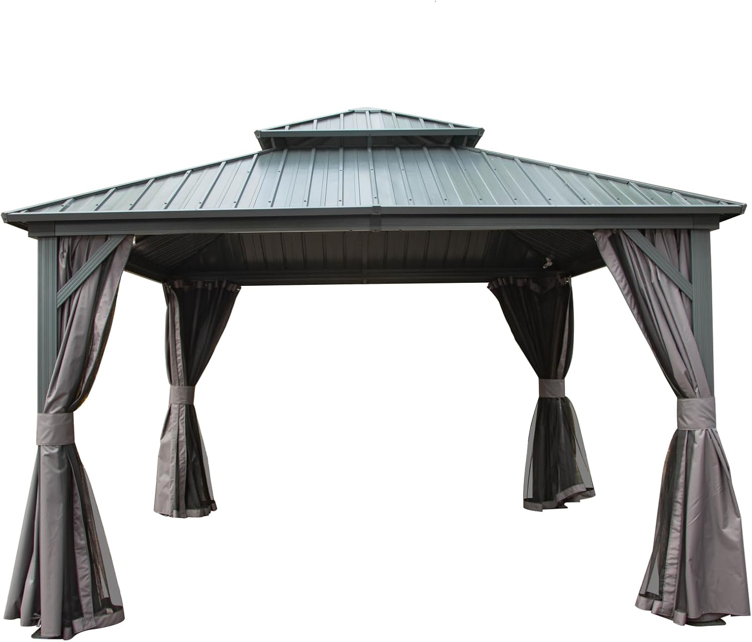12x12 Hardtop Aluminum Canopy with Galvanized Steel Double Roof – Permanent Gray Patio for Backyard, Deck, Lawn, Includes Curtain Netting
