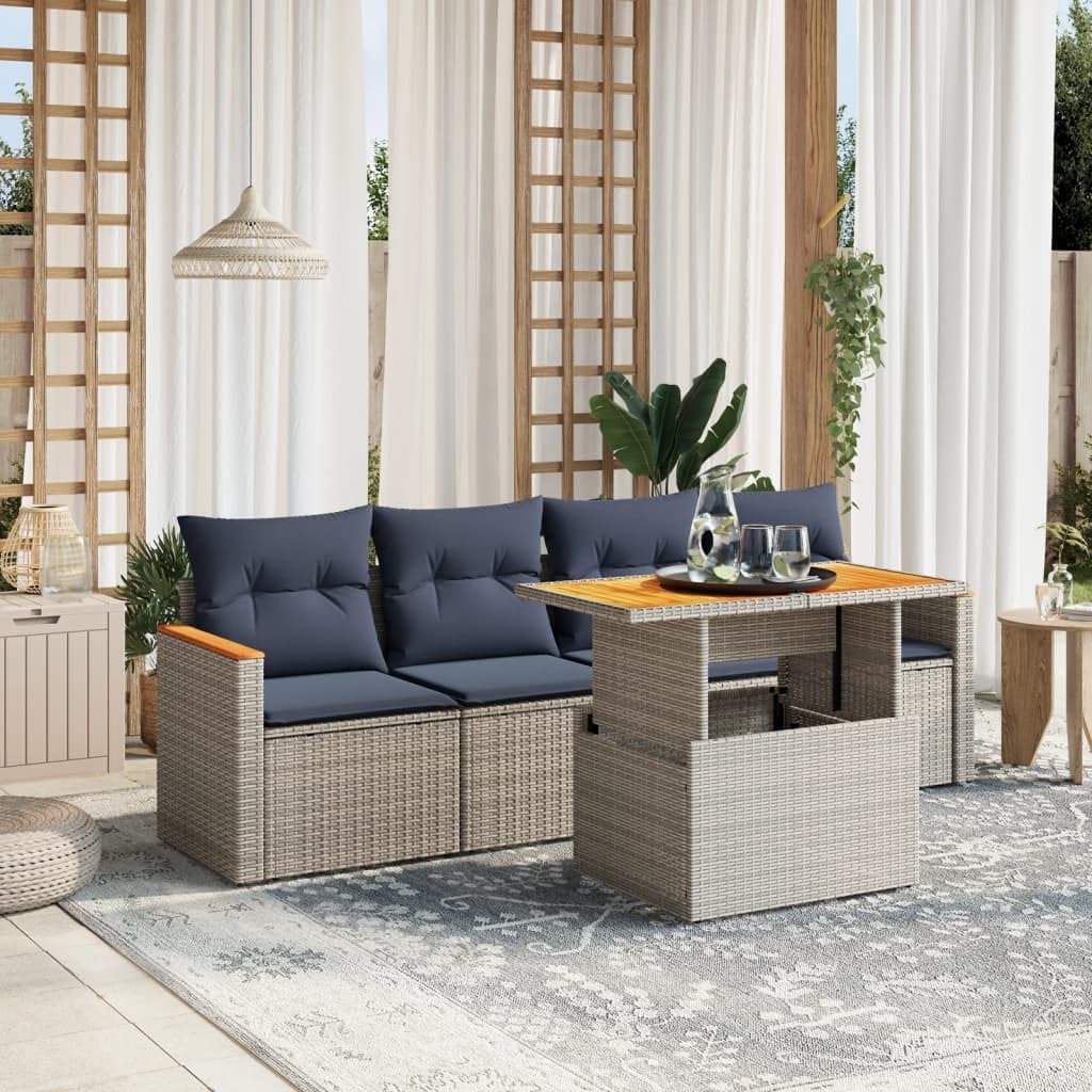 5 Piece Patio Sofa Set with Cushions, Gray Poly Rattan Outdoor Furniture, Adjustable Table, Modular Design for Backyard Terrace