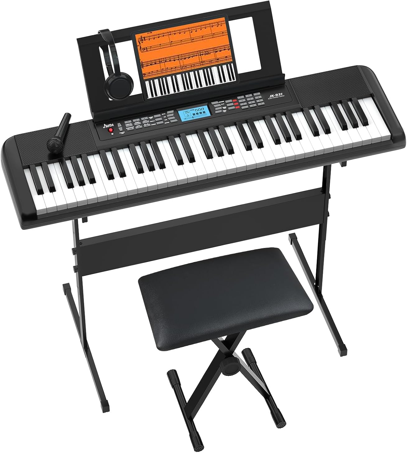 61 Key Keyboard Piano, Portable Electric Piano Keyboard w/LCD Screen, Built-In Speakers, Headphones, Stand, Stool, Music Rest, Microphone, 300 Timbres, 300 Rhythms
