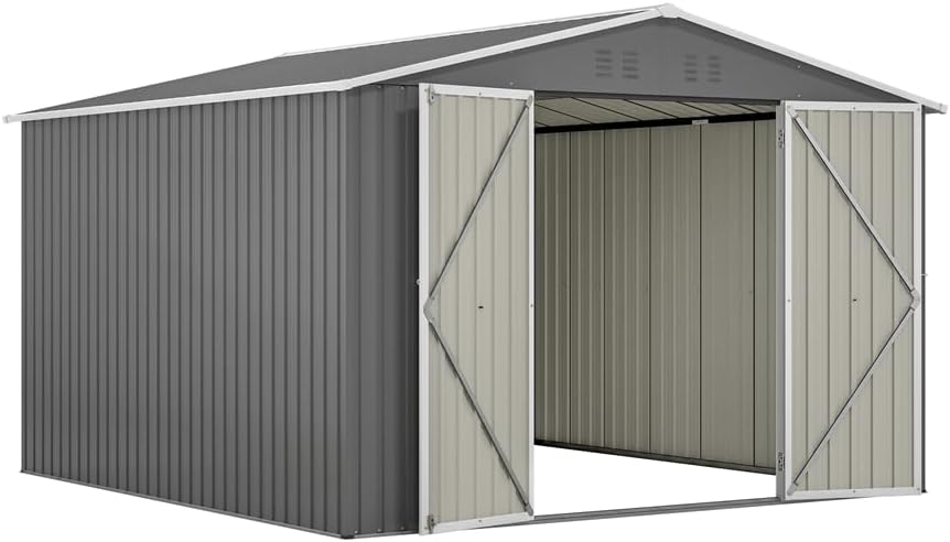 ASSYA 10 X 10 Feet Large Metal Tool Shed, Outdoor Frame Structure and Lockable Door Storage House, Suitable for Backyard Garden Terrace Lawn