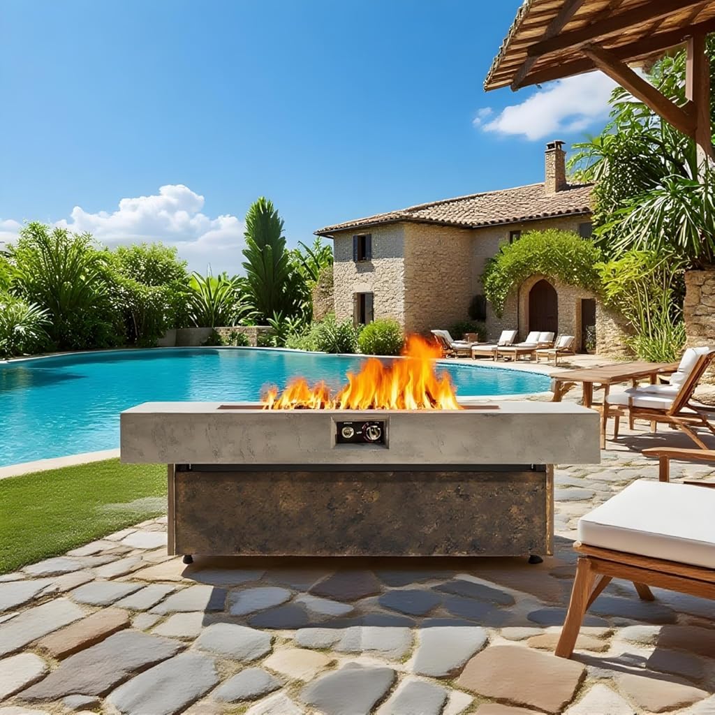 Iron Outdoor Gas Tabletop Propane Fire Pits,55 x 23 in, 50,000 BTU Outdoor Firepit Table,Suitable for Patio,Balcony,Three Height Options,Brown+Gray