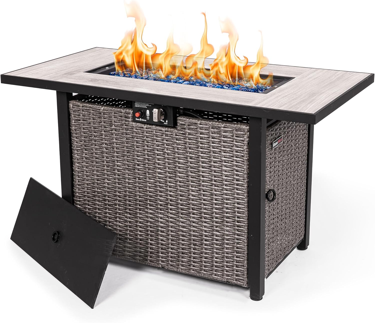 42 Inch Propane Fire Pit Table, 50,000 BTU Hand-Woven Rattan Outdoor Fire Pit with Lid & Blue Glass Bead, Outdoor Fireplace for Patio Deck Garden, Gray