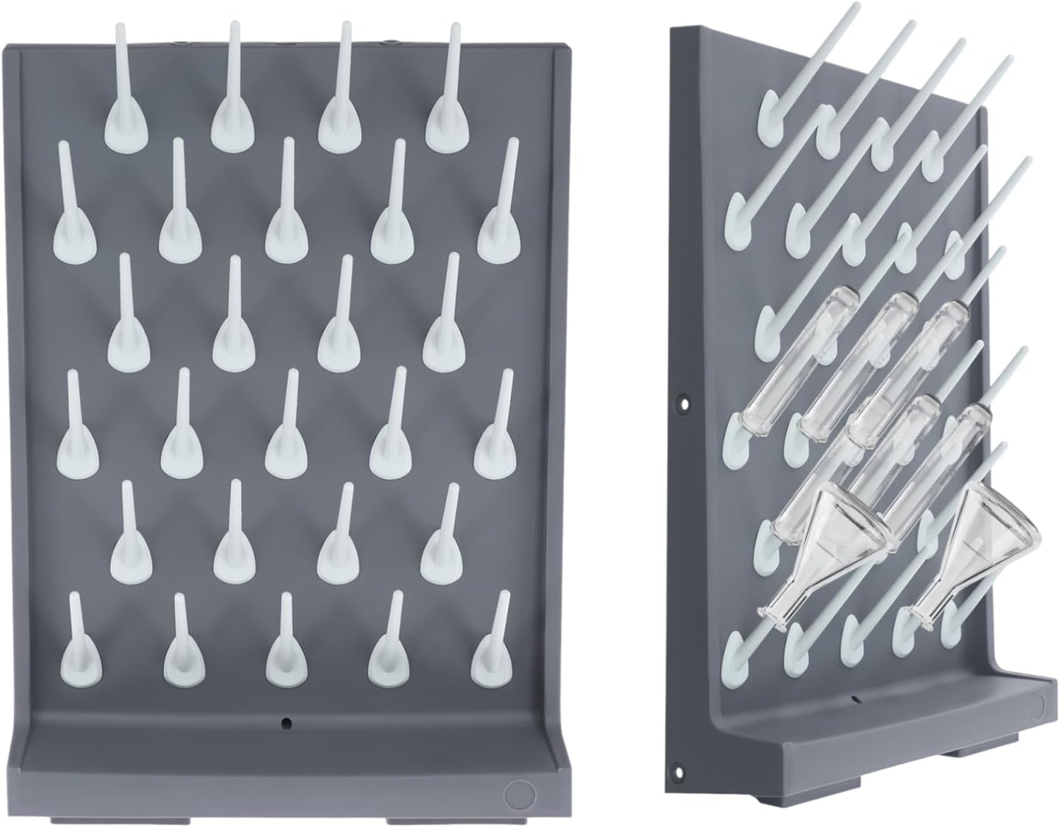 2-Pack Wall-Mount Lab Drying Rack with 27 Pegs, Laboratory Glassware Dryer with Drain Tray & Water Outlet Hose, Anti-Corrosive Polypropylene Rack for Beakers, Flasks, Tubes