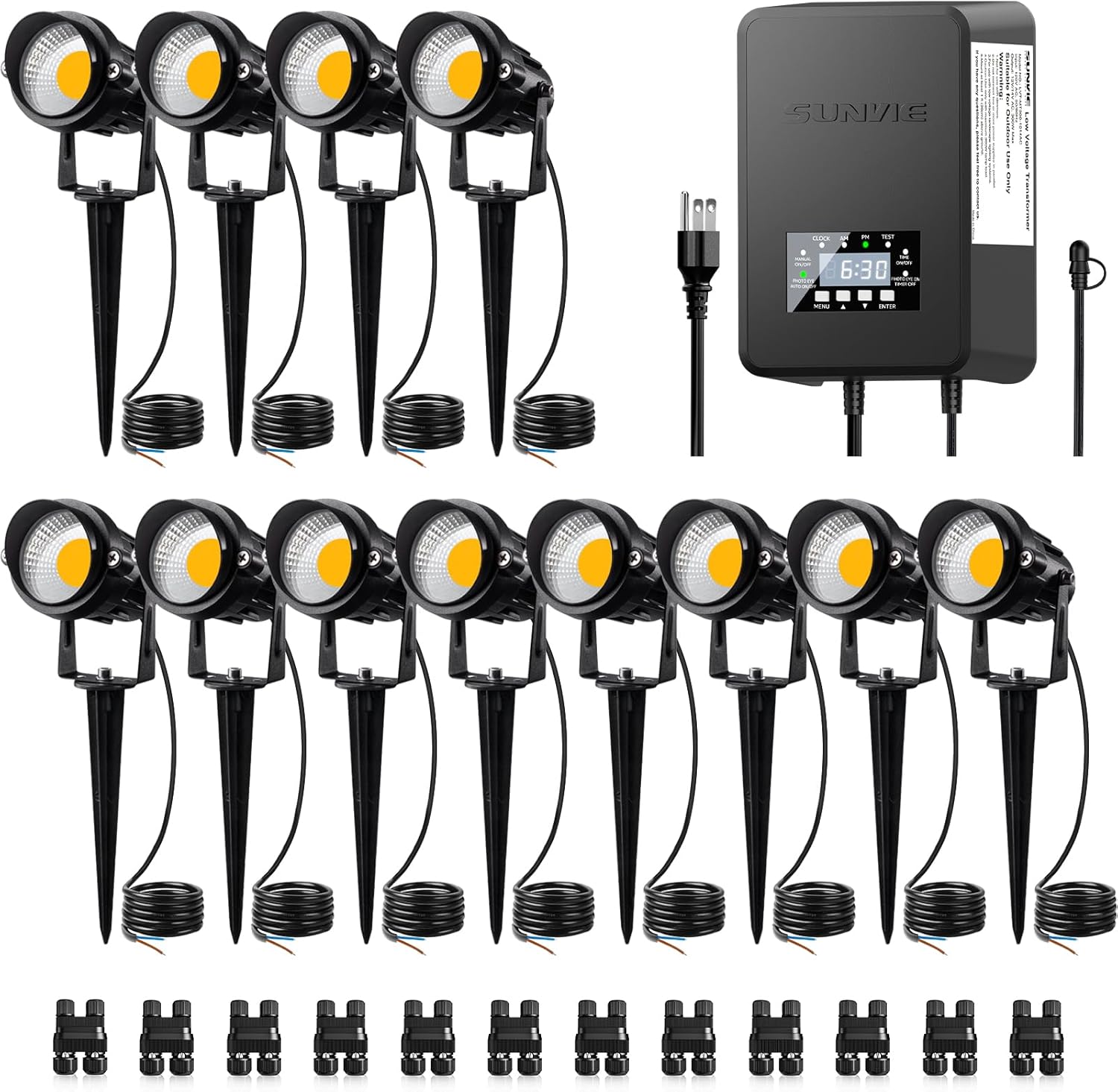 SUNVIE 12 Pack Low Voltage Landscape Lights with 300W Transformer 12-24V LED Landscape Lighting Kit 3000K Waterproof Aluminum Landscape Spotlights with Wire Connectors for House Yard Tree Garden