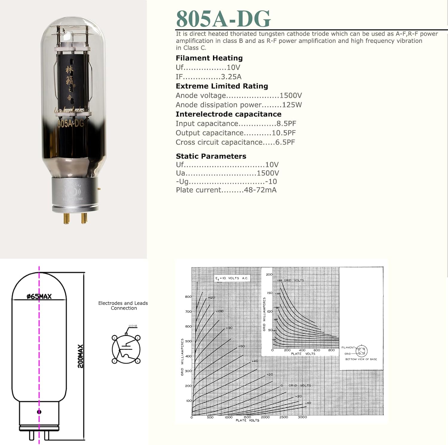 LINLAI 805A-DG 1 Pair Matching Vacuum Tube Class B A-F R-F Power Amplification For HIFI Audio Amplifier(2pcs in a pack)