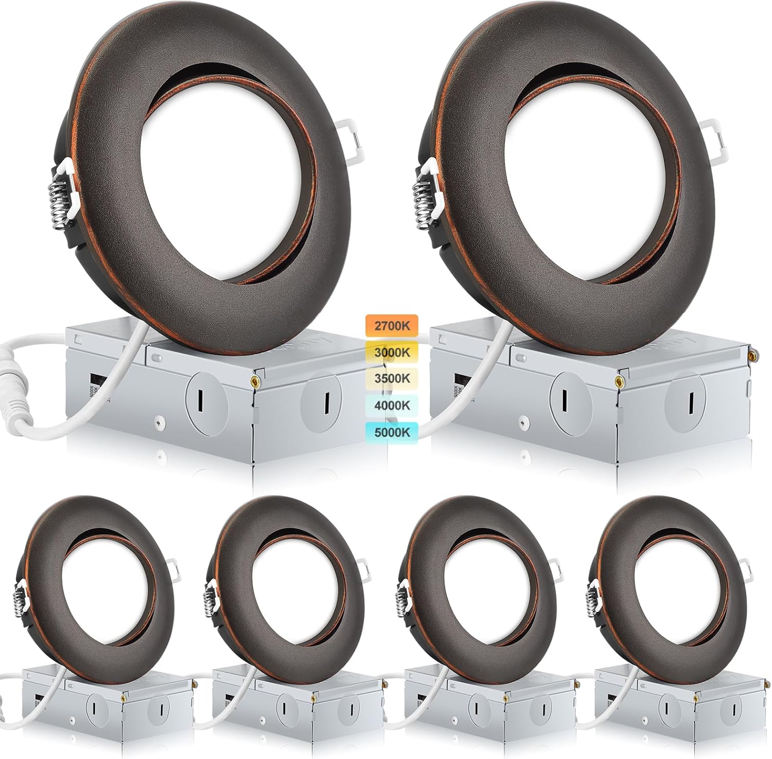 Oil Rubbed Bronze 4 Inch Led Recessed Lights 6 Pack,Ajustable Led Eyeball Gimbal Lights,4 Inch Ceiling Light with Junction Box,5CCT Selectable,9W 750LM,Dimmable