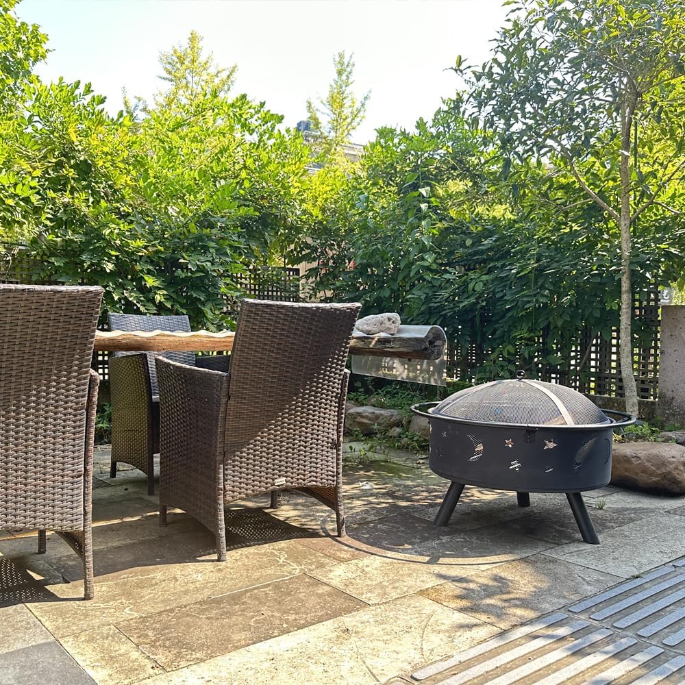 Fire Pit 32 Inch Outdoor Wood Burning Firepit with Screen Patio Round About The Moon and Stars