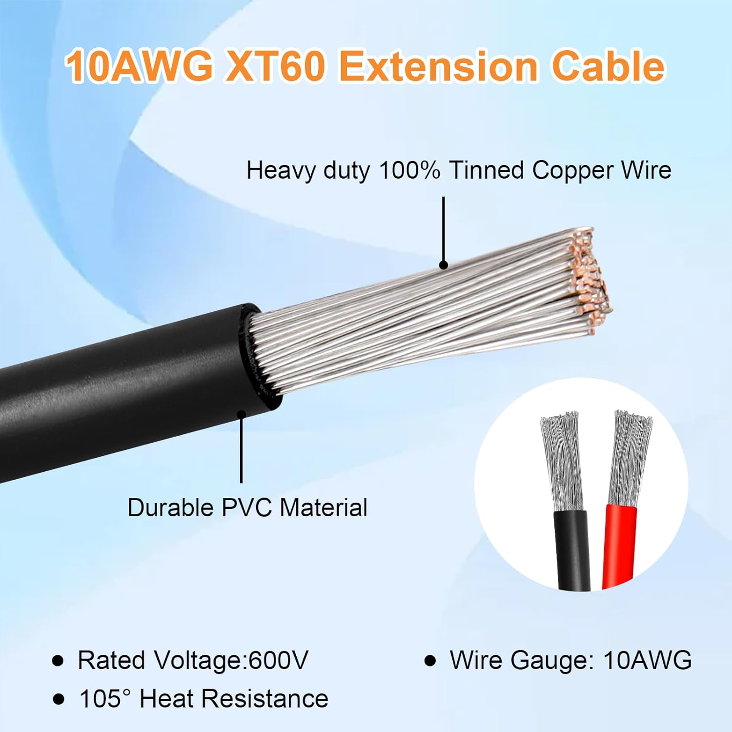 10AWG 50FT XT60 Solar Extension Cable 2 3 6 10 15 20 25 35 40 50 75 100FT XT60 Solar Extension Connector Adapter Thicker Cable Female to Male for Portable Power Station Solar Panel RC LiFePO4 Battery
