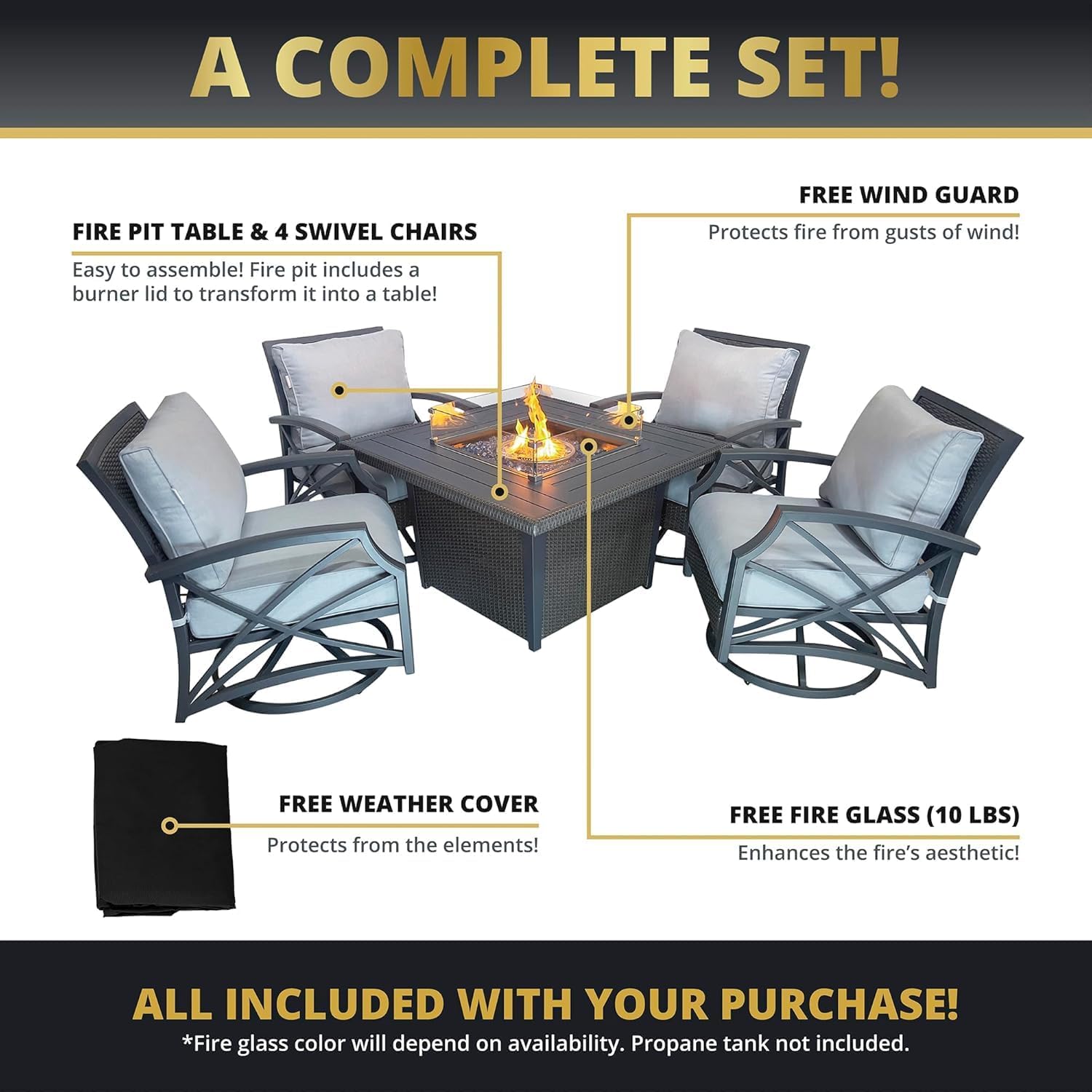 Ethan Rattan 5-Piece Patio Furniture Set with Fire Pit Table, 42-Inch Fire Outdoor Propane Pit Dining Table Conversation Set, 50,000 BTU, Includes 4 Sofa Swivel Chairs (Grey Grey)