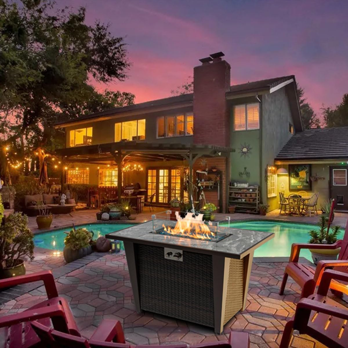 42'' Fire Pit Table with Natural Gas Conversion Kit, Marble Tile Ceramic Tabletop with Glass Wind Guard, Inclined Leg and Art Powder Design, Blue Glass Rocks, Including Lid&Cover, Brown