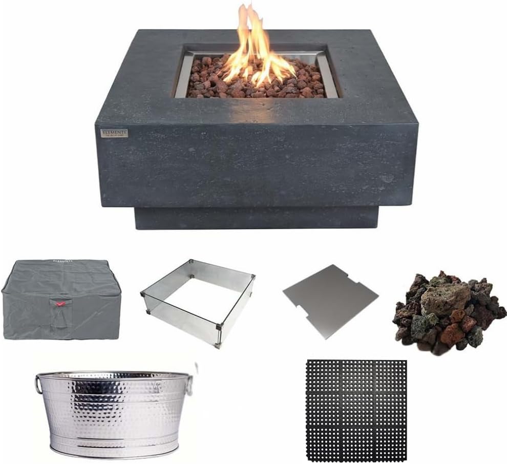 Elementi Manhattan Dark Grey Fire Pit Bundle Outdoor Firepit 36” Natural Gas Firepit Table, Glass Windscreen, Stainless Steel Cover, Canvas Cover, Floor Mat and Beverage Tub