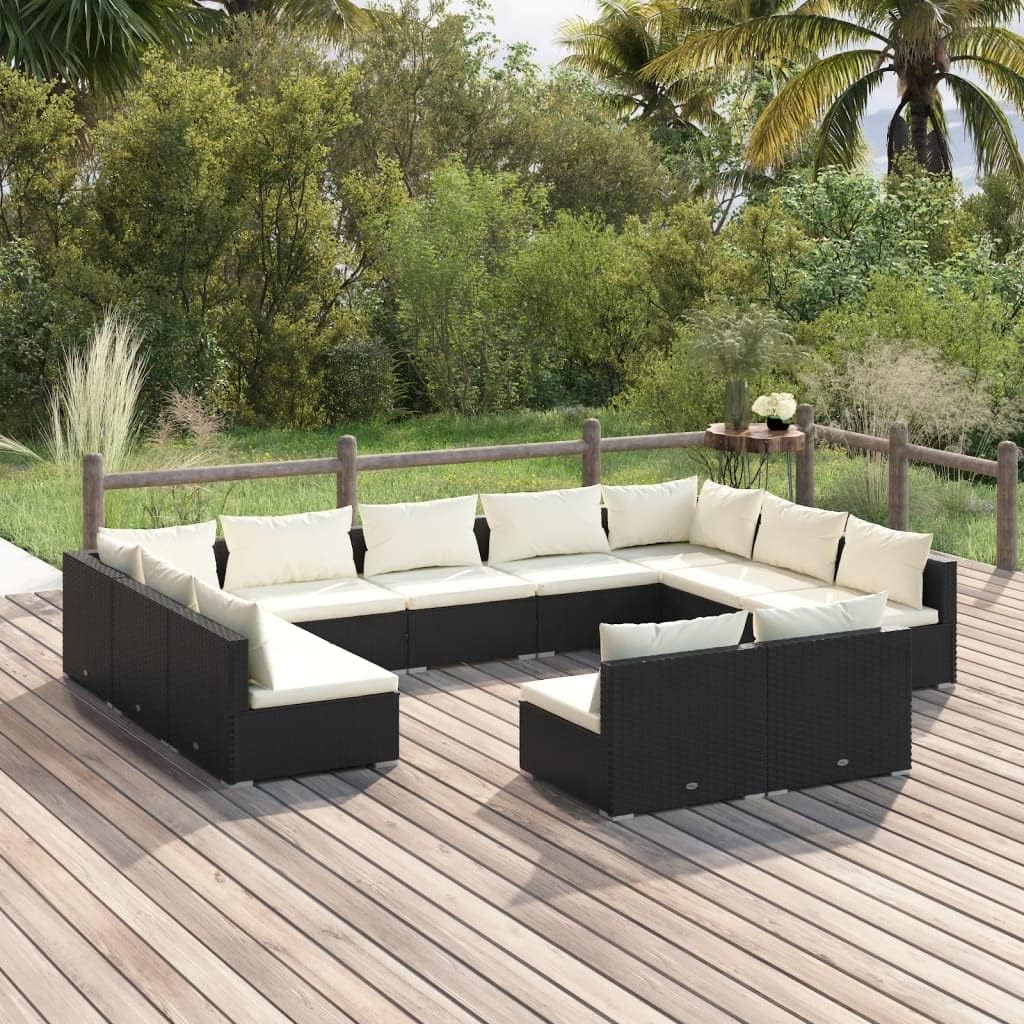 11 Piece Patio Lounge Set with Cushions Black Poly Rattan Patio Furniture, Outdoor Furniture Sets