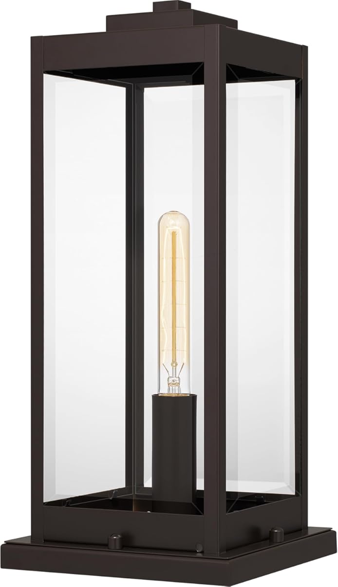 Quoizel Westover Outdoor Pier Mount Base Lantern, 19 Inch 1-Light Western Bronze Modern Post Light, Clear Beveled Glass, Outside Lights for Patio, Porch, Deck, Fences, Garden, Pool or Driveway