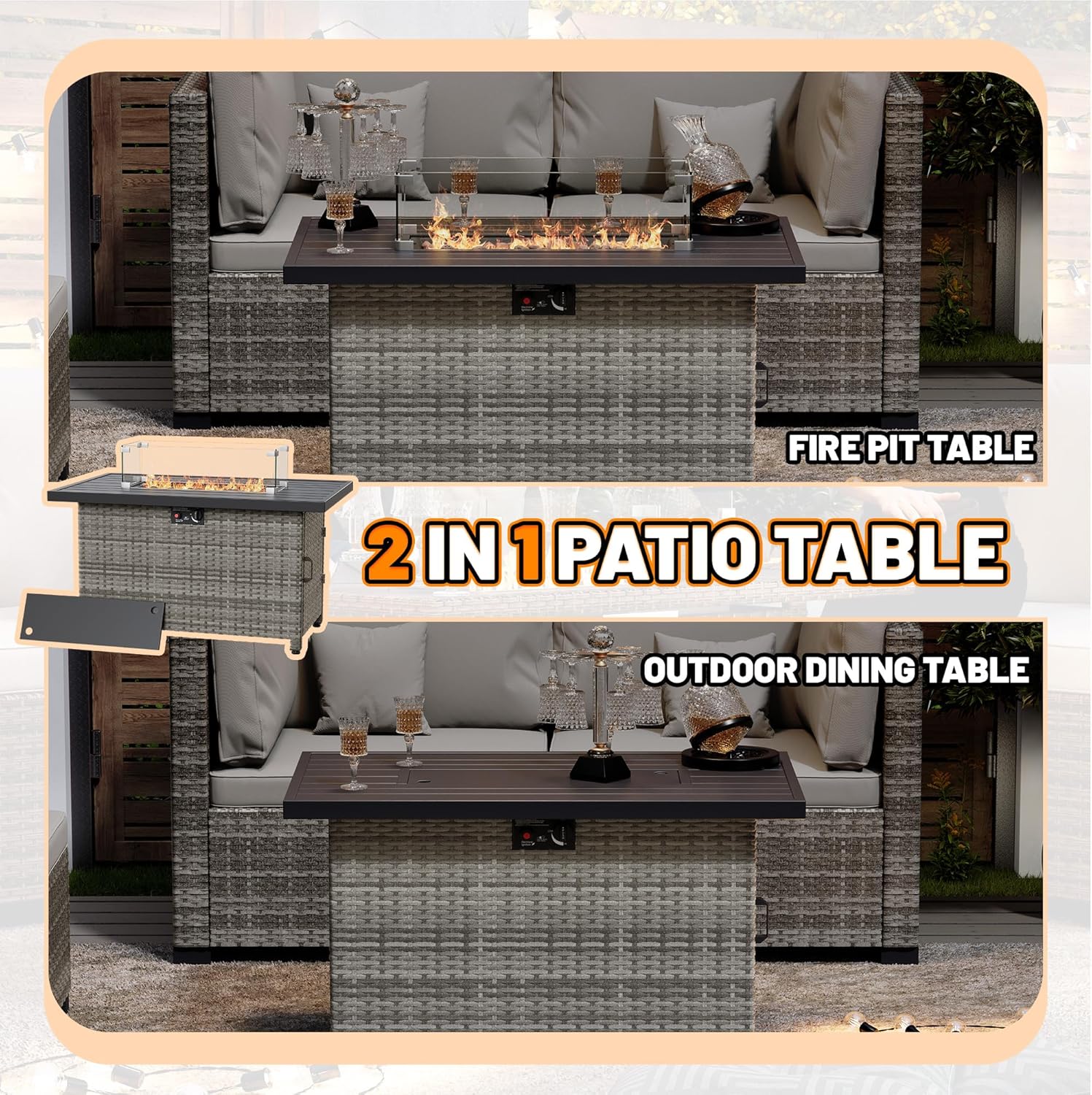 44 Inch Rectangular Propane Gas Fire Pits Table for Outside Patio, 50000 BTU Outdoor Wicker Rattan Fire Pit with Glass Wind Guard and Lid for Outside Patio Deck, Garden, Backyard (Grey)