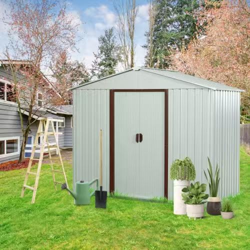6 x 5 FT Outdoor Storage Shed, Metal Garden with Floor Frame, Tool Shed Outdoor Storage with Lockable Sliding Doors & Air Vents, Storage House Waterproof for Backyard, Lawn, White