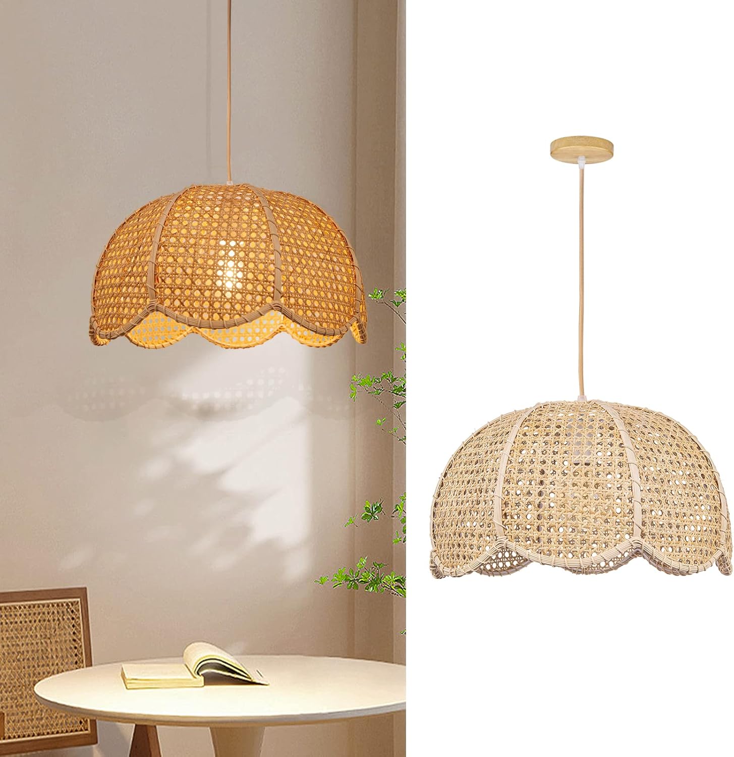 Arturesthome Indoor Hanging Ceiling Light Fixture, Hand Woven Vintage Lotus Flower Pendant Lamp Chandelier for Kitchen Living Room Bedroom D 15.7″*9.8″
