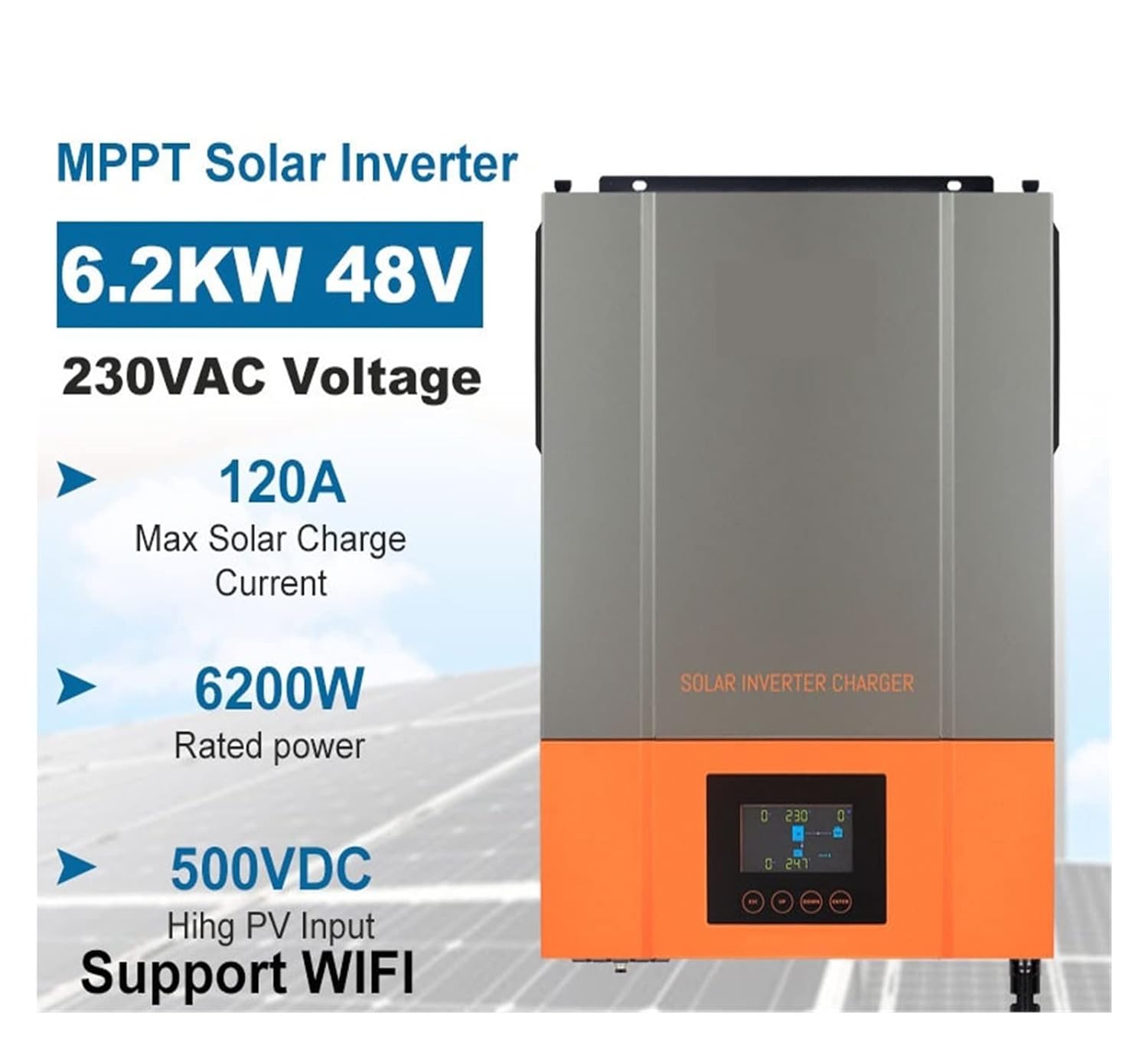 Solar Controller, 6.2KW Hybrid Solar Inverter Pure Sine Wave Inversor 48V 230VAC PV Input Max 500vdc MPPT 120A Solar Controller Support Li(6.2KW Without WiFi)