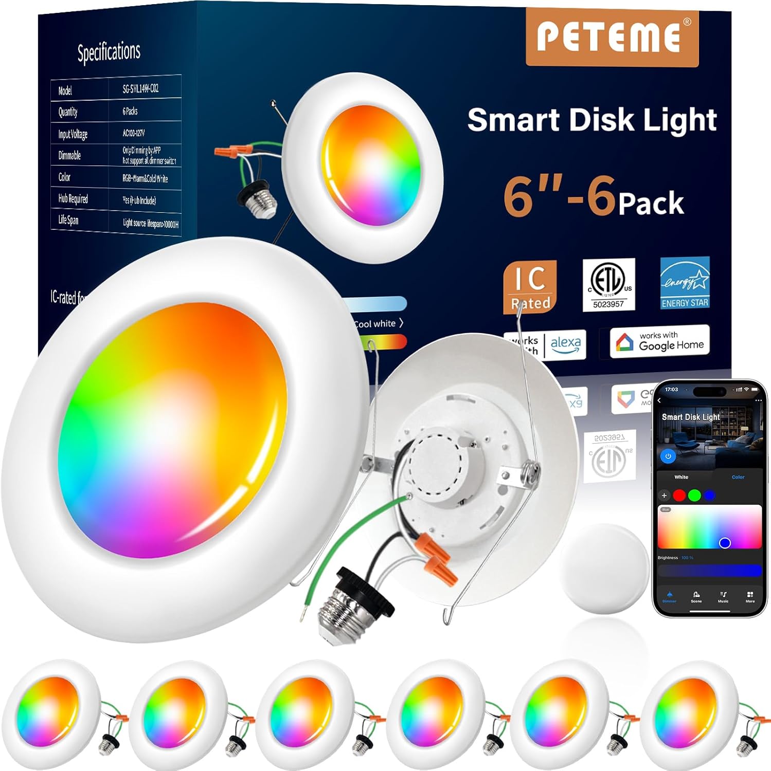 Peteme Smart Led Disk Lights, Smart Flush Mount Ceiling Lights 5/6 Inch, RGBWW Color Changing Dimmable Recessed Light, IC Rated ETL Certified, Compatible with Alexa/Google, Sync to Music,1150LM, 6Pack