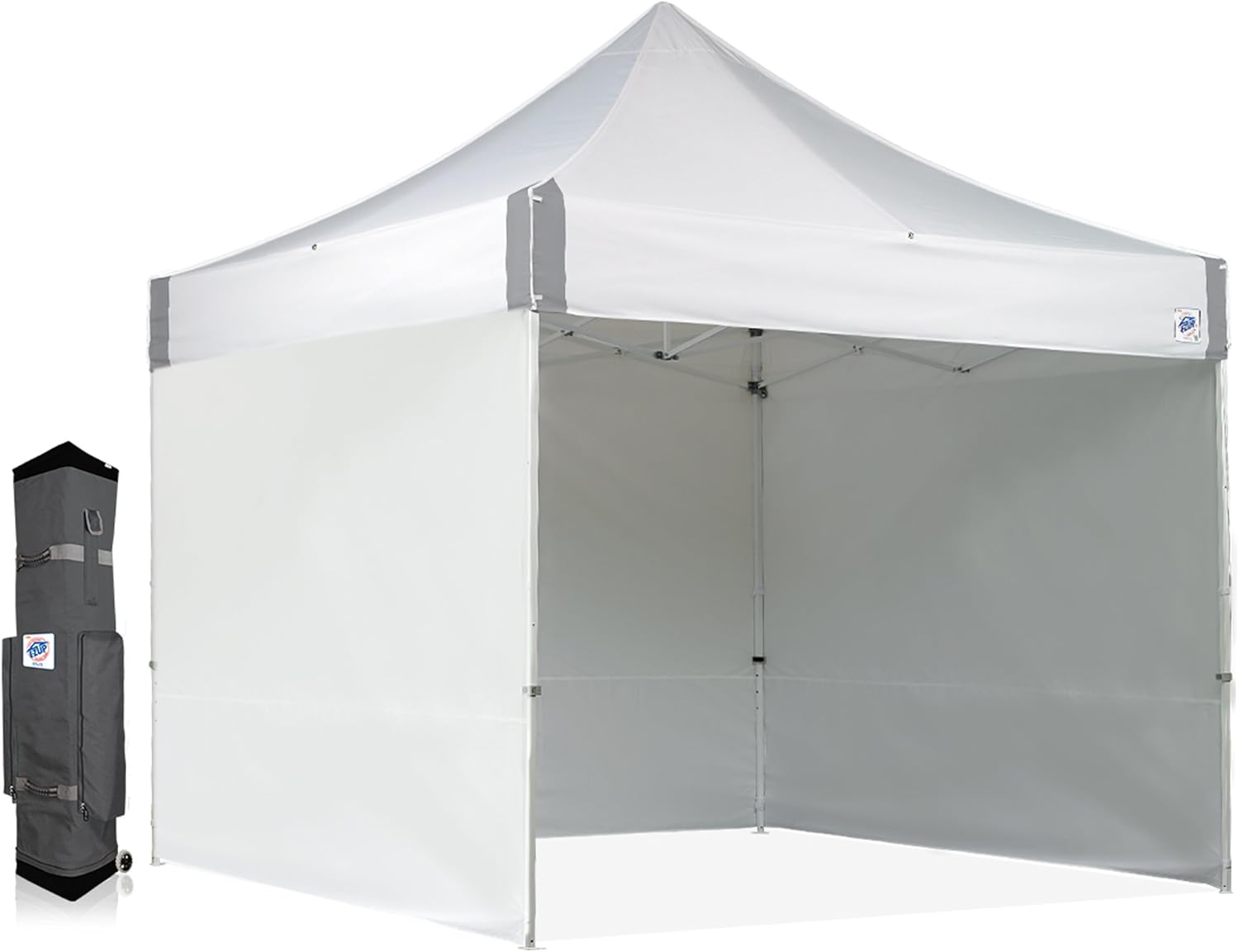 E-Z UP ES100S Instant Commercial Pop Up Canopy Tent, 10' x 10' with 3 Sidewalls, 1 Mid-Zip Sidewall and Wide-Trax Roller Bag, White