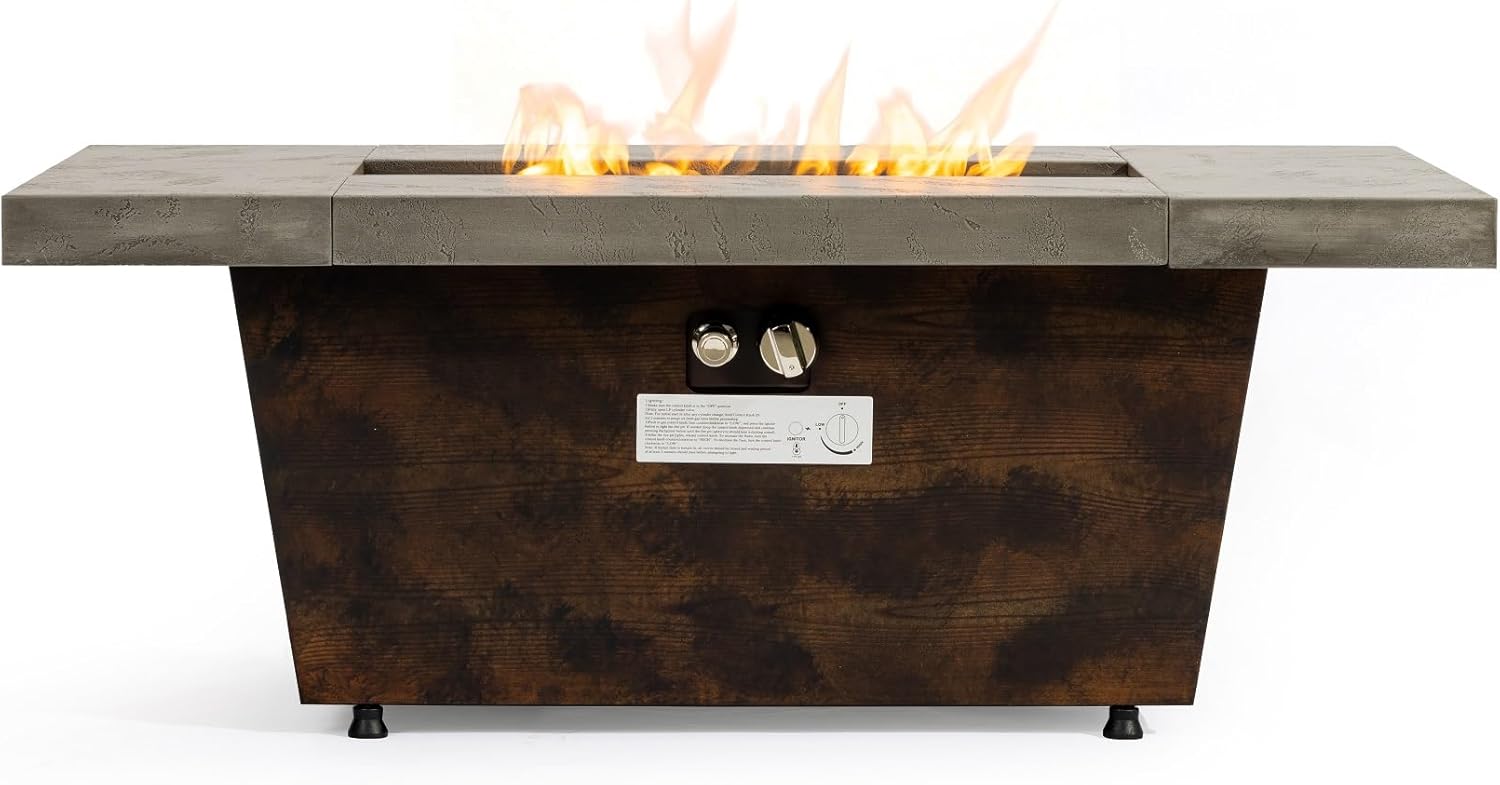 Modern Outdoor 42-Inch Rectangular Gas Fire Pit Table, Cement Grey Iron Construction with Wood Grain Base, 50000 BTU Propane Heating for Patio, Garden, 41.73 x 23.62 x 15.55 Inches