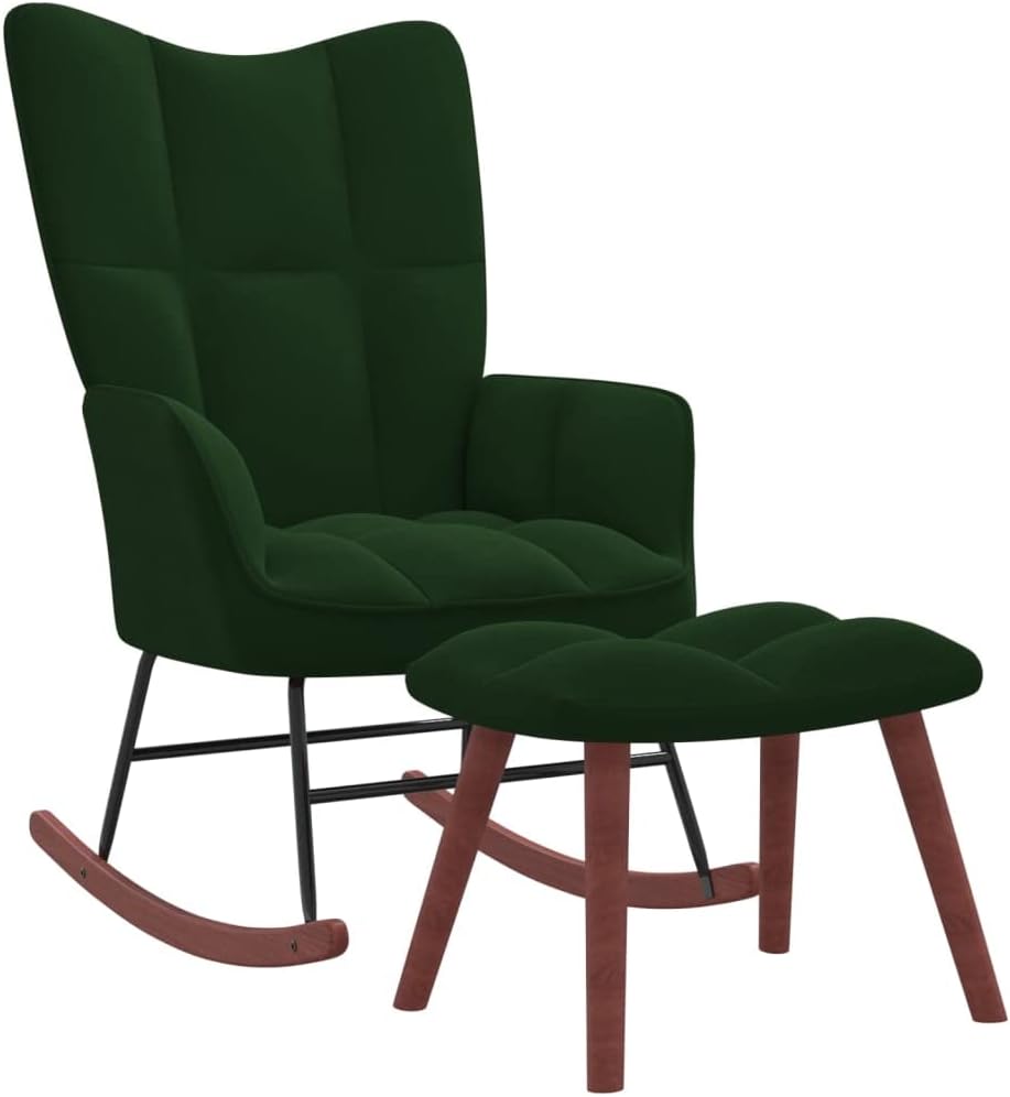 Rocking Chair with a Stool Dark Green Velvet,Relax in Style with Our Graceful Rocking Chair and Footstool Duo Patio Furniture & Accessories, Chairs for Patio