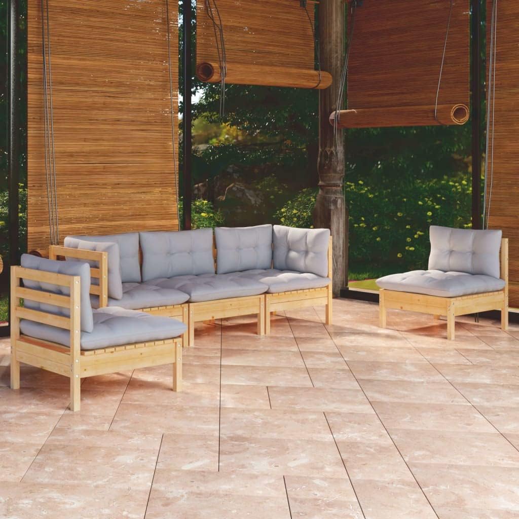5 Piece Patio Lounge Set with Gray Cushions Solid Pinewood Garden Furniture