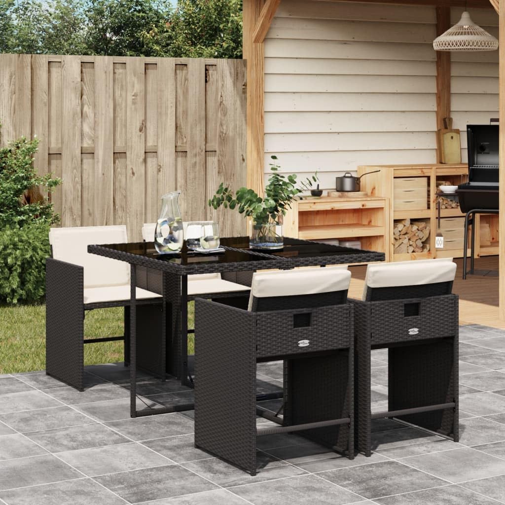 5 Piece Patio Dining Set with Cushions Black Poly Rattan,AllWeather Patio Dining Set with Foldable Chairs Black Furniture Sets for Patio, Lawn & Garden