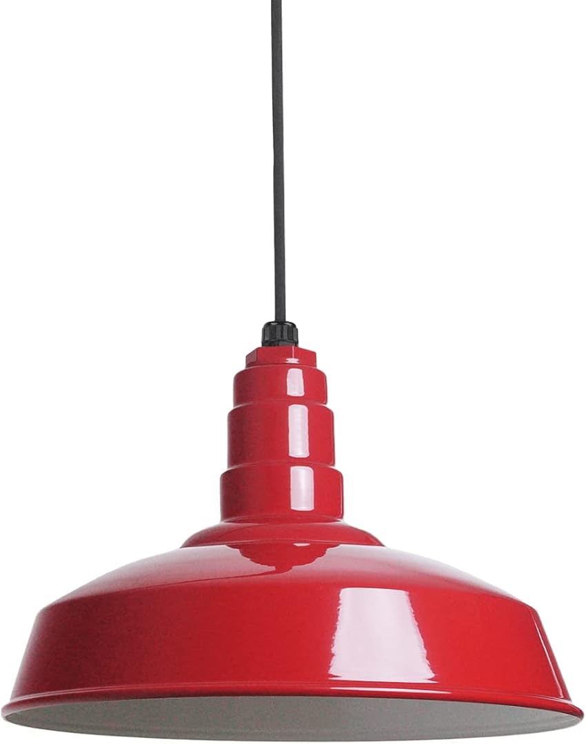 Steel Lighting Co. Carson Barn Light | Ceiling Mounted Pendant | 16 inch Dome | Black Cord | Industrial Style Steel Light Made in America | Red Exterior/White Interior