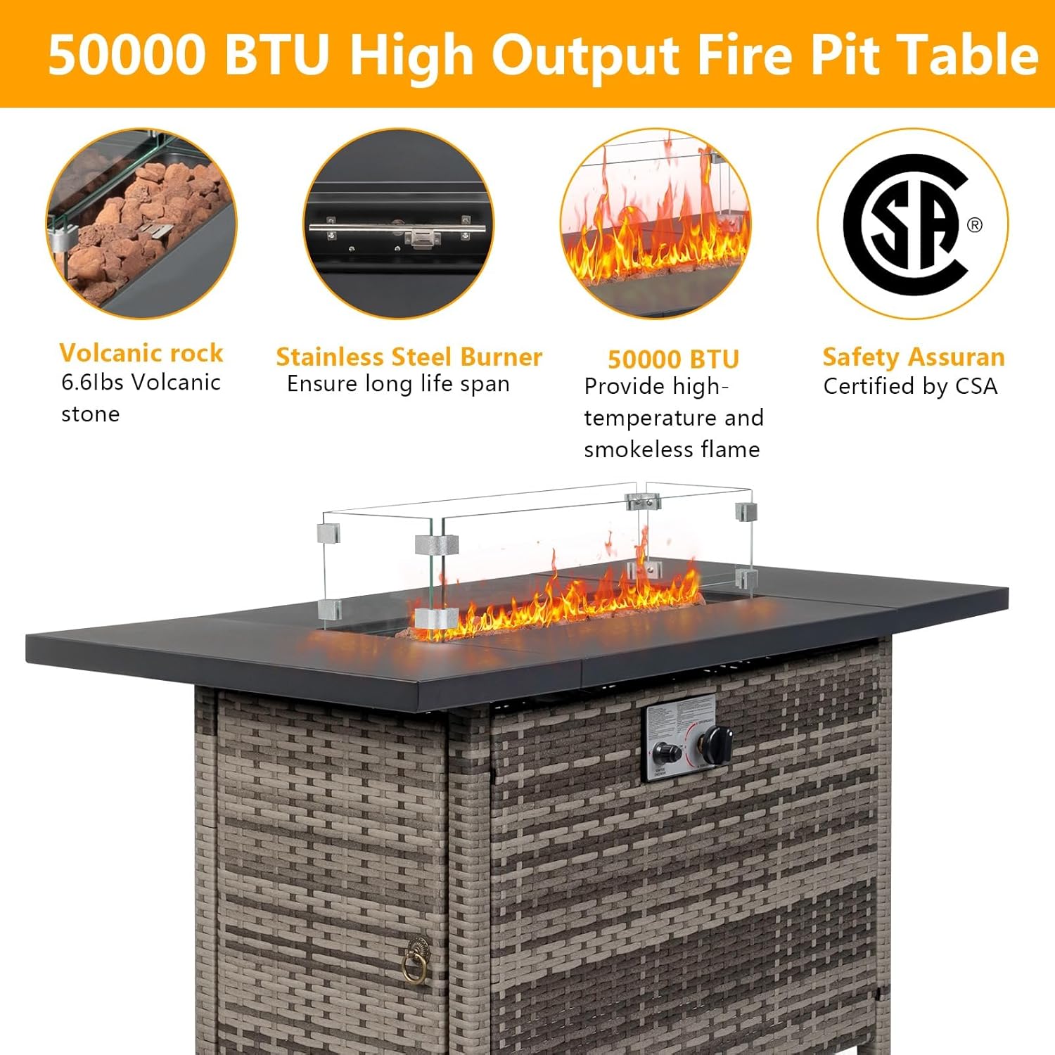 44 Inch Propane Fire Pit Table, 50,000 BTU Outdoor Gas Fire Pit with Wind Guard & Lid, Modern Patio Heater for Garden, Deck, Backyard (Grey)