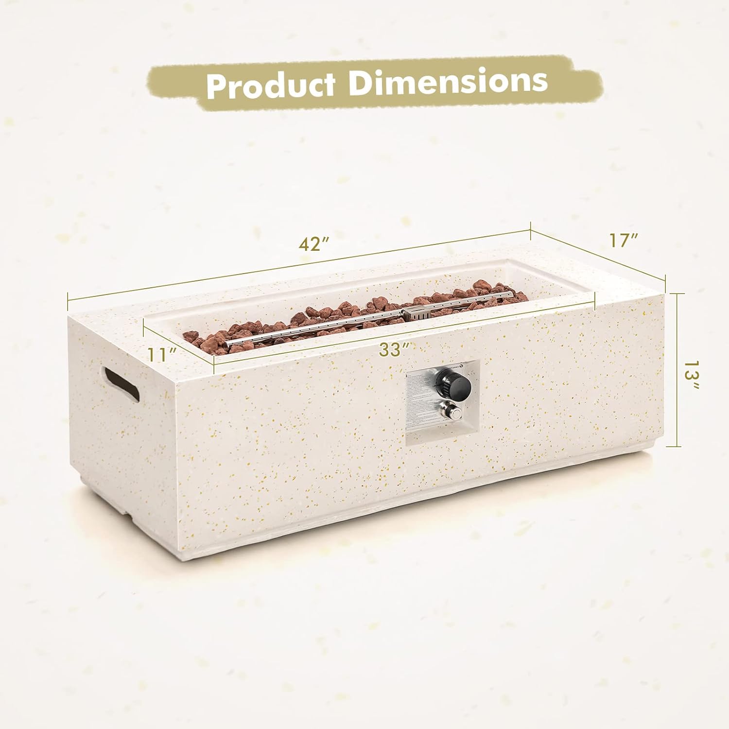 MAT EXPERT 42” Propane Fire Pit Table, 50,000 BTU Terrazzo Rectangle Fire Pit with Lava Rocks & Stainless Steel Burner, Rain Cover, Gas Fire Pits for Outdoor Patio & Backyard, CSA Certified (White)