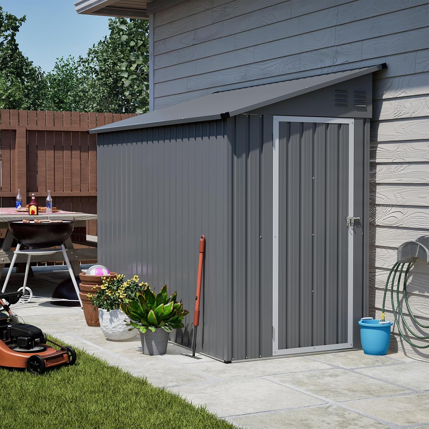 Outdoor Metal Storage Shed 4 x 8 ft, Garden Shed Lean to shed for Bike, Tool Outside Shed with Floor Base, Lock, Door for Backyard, Patio, Lawn, Grey