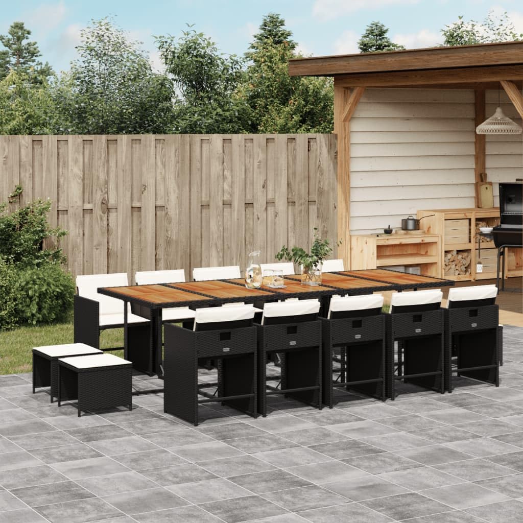 15 Piece Patio Dining Set with Cushions Black Poly Rattan,9Piece Patio Furniture Set with Storage, Comfortable Cushions, and Acacia Wood Tabletop Furniture Sets for Patio, Lawn & Garden