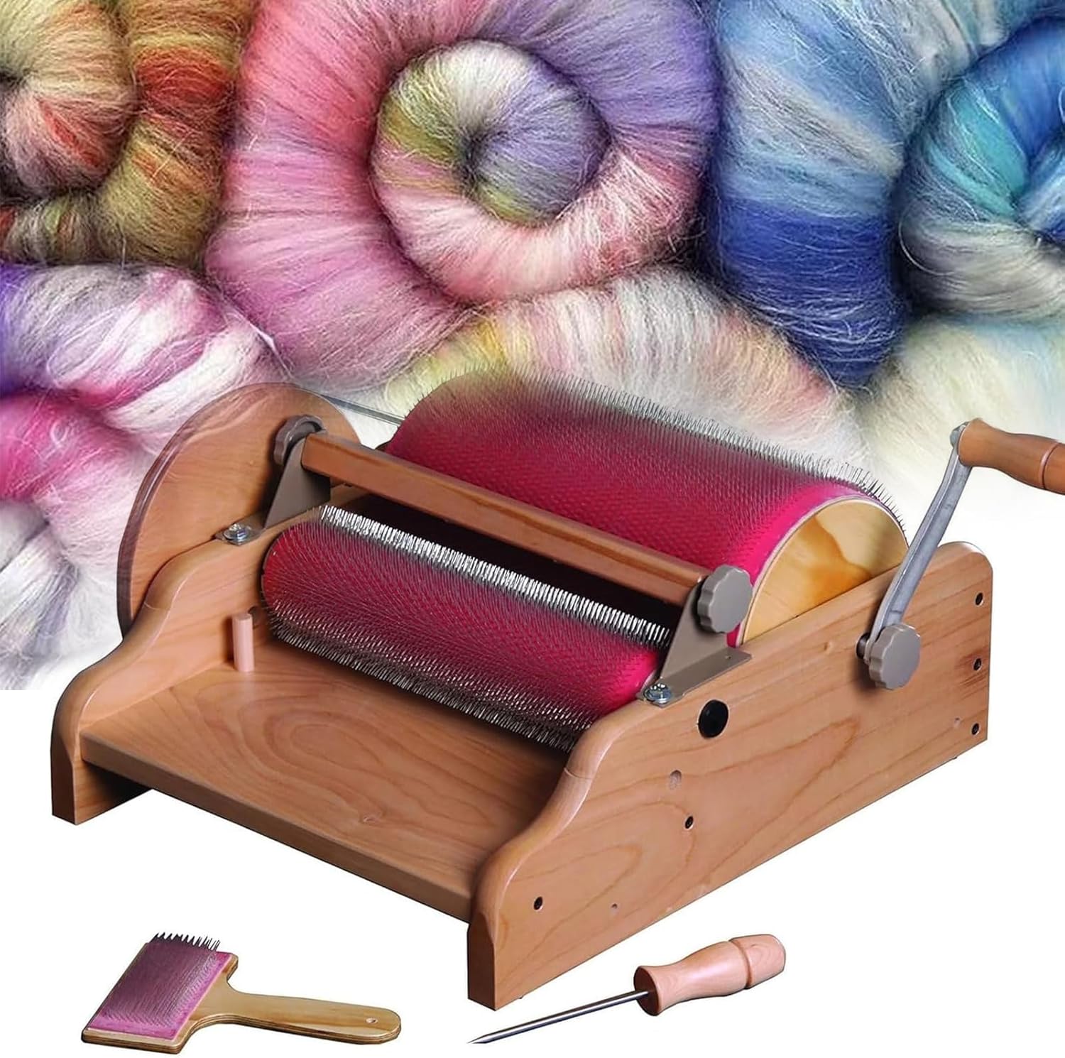 DIY Manual Wool Felt Machine, Wool Blending Board Carding Brush Set, Drum Diameter 315mm, Adjustable Roller Gap Drum Carding Machine, Wood Craft Sticks for Mix Colors, Organize Wool Fibers