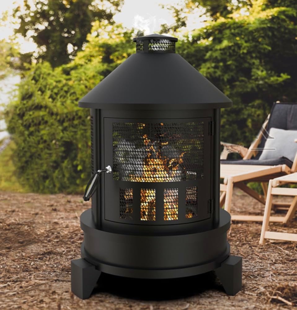Outdoor Fire Pit, Black Metal Mesh Chiminea, 27x27x38 Inch, Portable Garden Stove with Heat-Resistant Handle, Patio Heater for Backyard