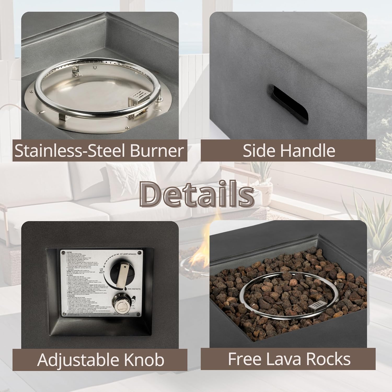 Outdoor Propane Fire Pit Table,Square Stone 35 inch Planter Base, 50,000 BTU Stainless Steel Burner, Free Lava Rocks and Waterproof Cover