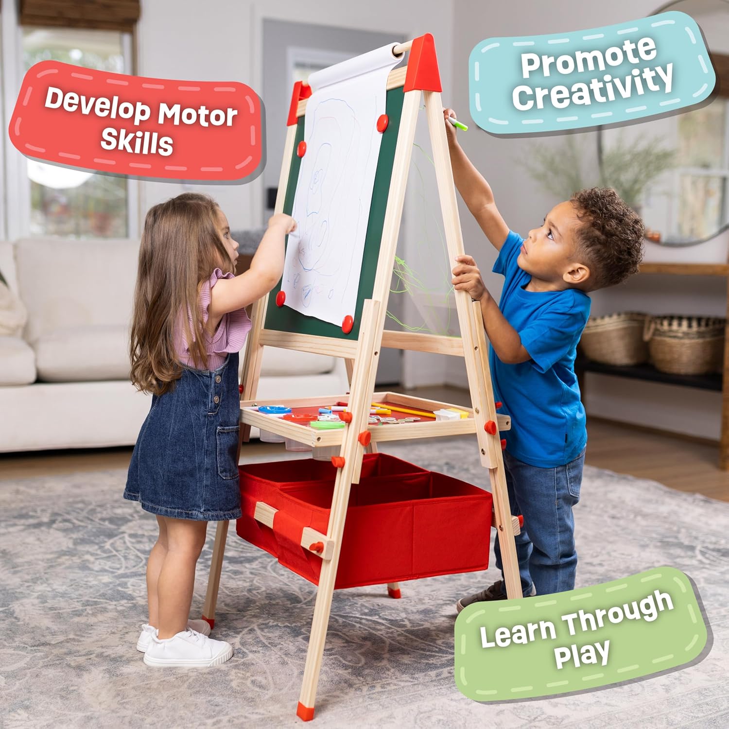 Light Up Easel for Kids 3 -in-1 Magnetic Chalkboard, LED Drawing Board with Adjustable Height and Paper Roll, 86 Accessories – Wooden Art Easel for Kids Ages 4-8 Years Old