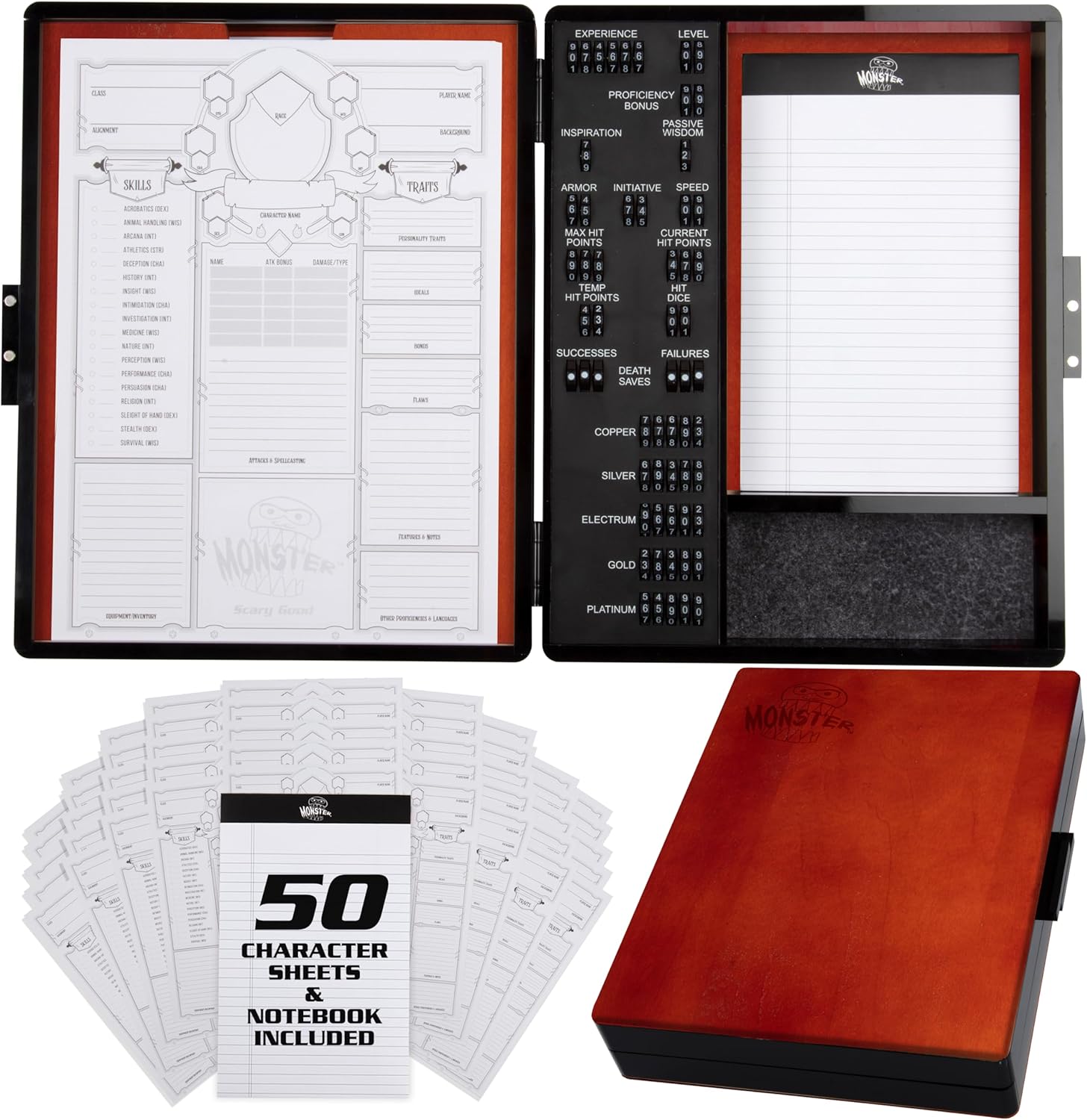 Monster Wooden Deluxe RPG Stat Tracker Case- Keep Track of Character Abilities, Currency, & More- The Must Have Holiday Gift for Dungeons Dragons RPG Players- Compatible w/D&D & Role Playing Games