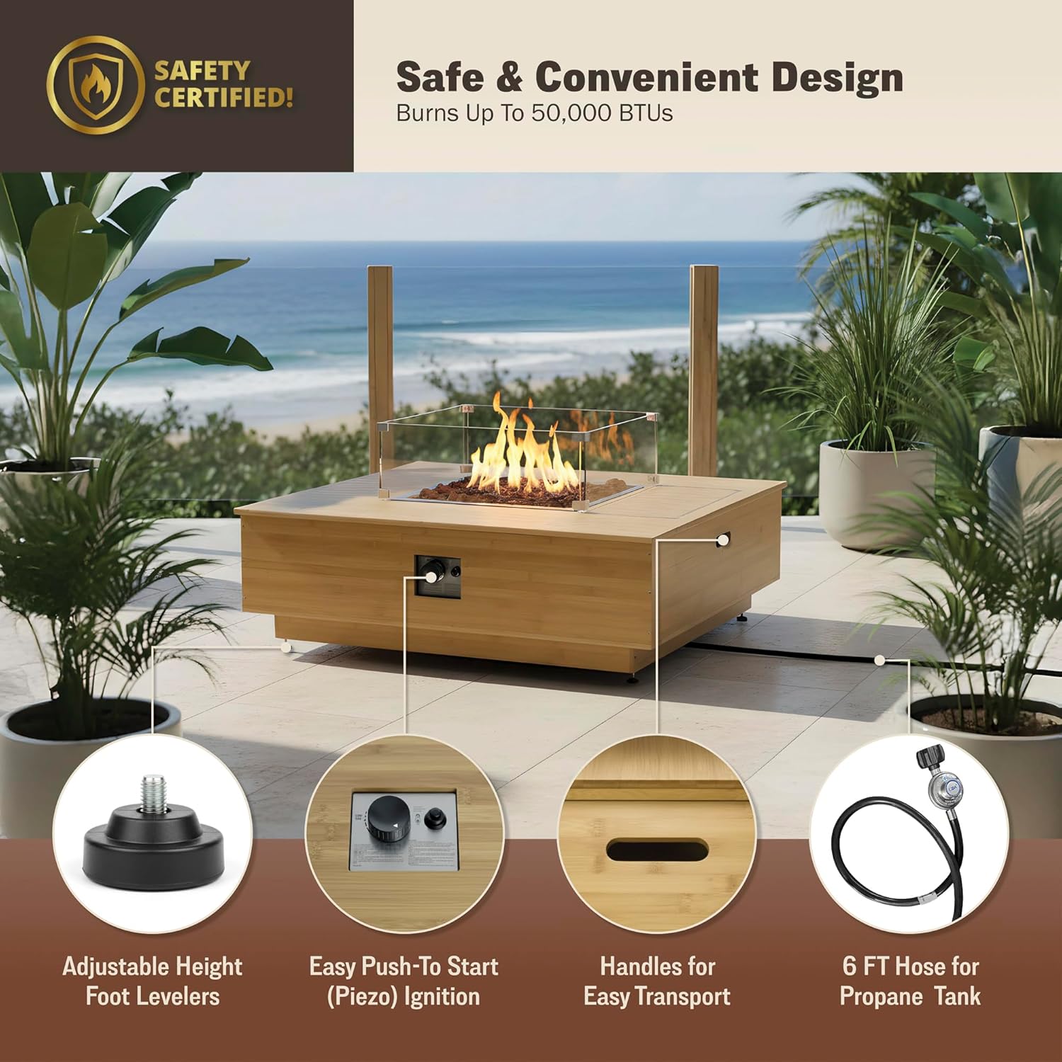 Kinger Home Harmony 43-Inch Large Square Outdoor Propane Gas Fire Pit Table, 50,000 BTUs, Certified Includes Side Table, Lava Rock and Weatherproof Cover