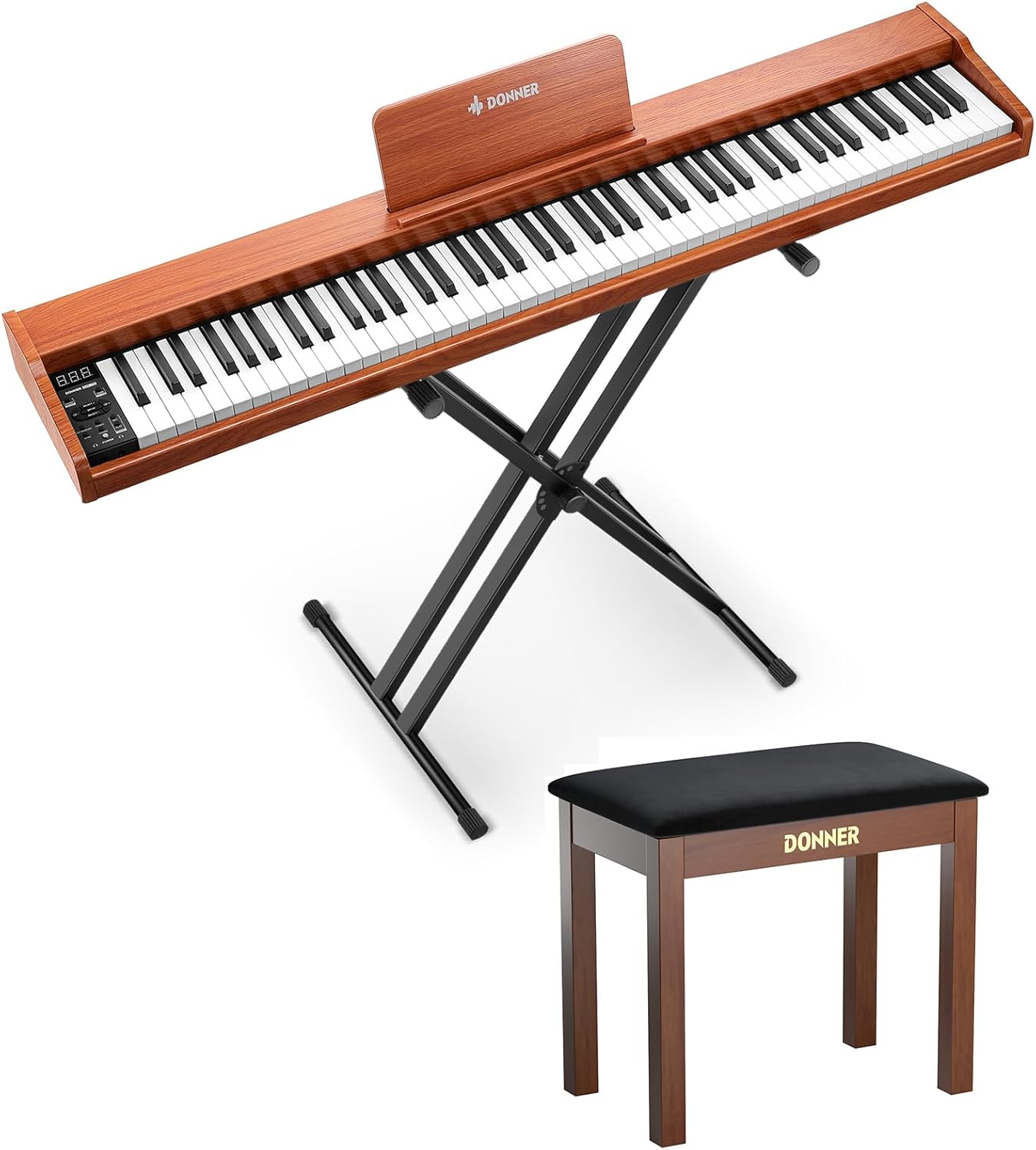 Donner DEP-1S Portable Digital Piano with X-style Piano Stand, Solid Wood Piano Bench, Piano Stickers