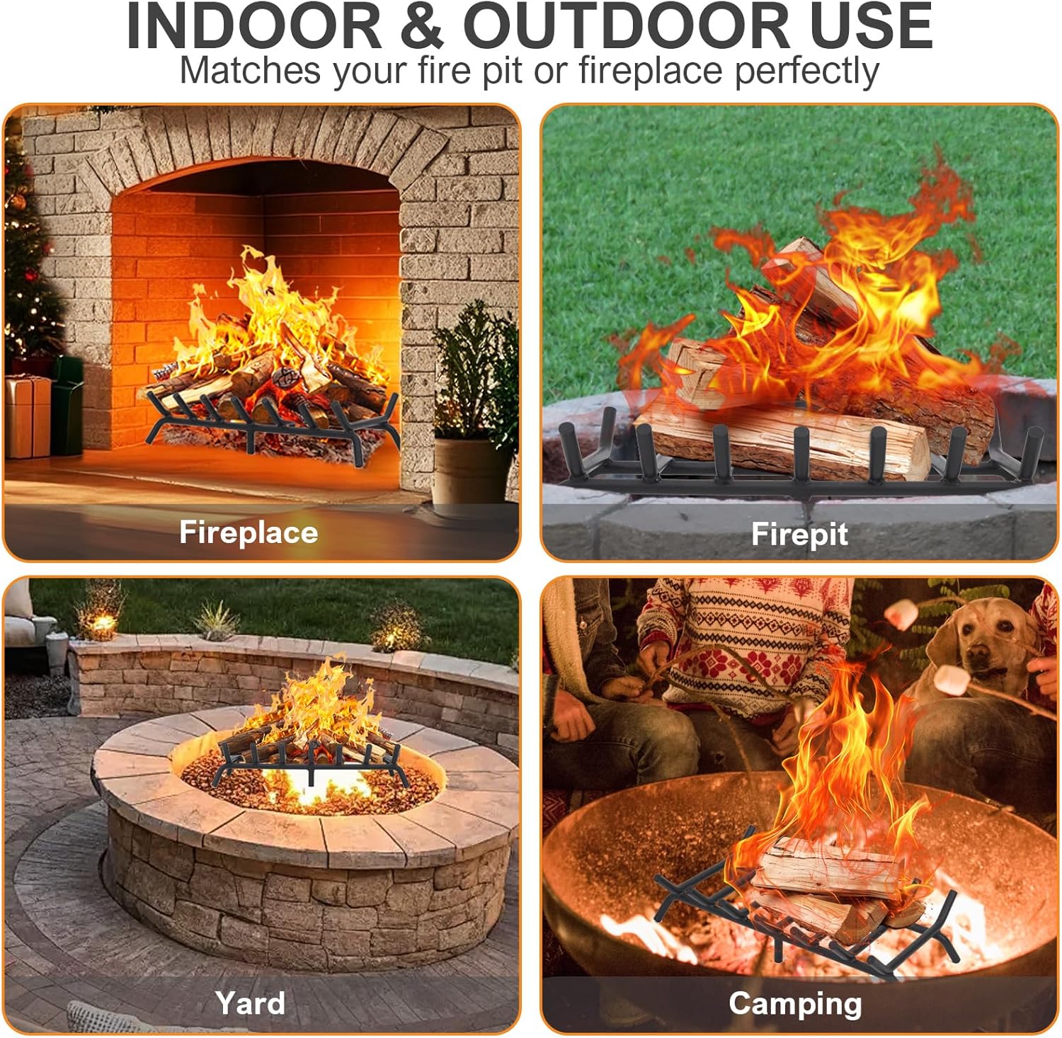 G GOOD GAIN Fireplace Log Grate - 24 inch Firewood Burning Holder Heavy Duty | Fire Log Burning Wrought Iron Rack | Fire Pit Tray for Indoor Chimney Hearth & Outdoor Camping