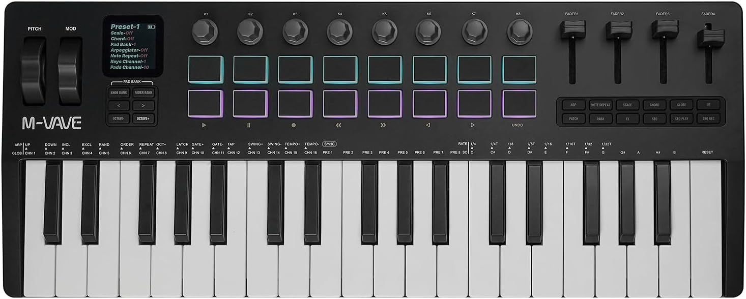 M-VAVE MIDI Keyboard Controller 37-Key 16 Backlit Drum MPC Pads, 8 Knobs，DAW Integration Arpeggiator DAW Software USB/Wireless Connection Professional Music Production Display Screen