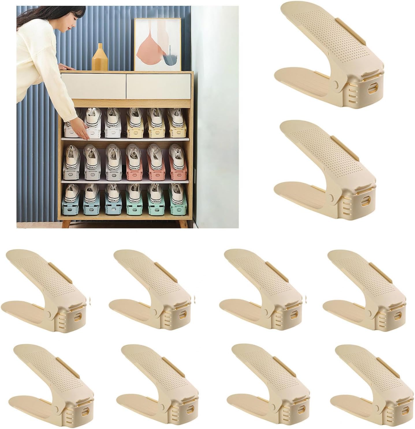 Shoe Stackers for a Pair of Shoes, Adjustable Shoe Organizer Space Saver, Double Deck Shoe Slots Organizer for Freestanding Stacking Shoe Holder,Brown-30